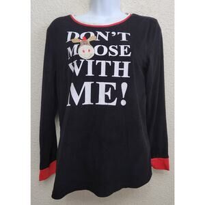 Holiday Time Black White Don't Moose With Me! Graphic Sleep Top XS Long Sleeves
